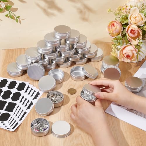 99Pcs Round Tin Cans, 1 oz/30ml Aluminum Containers with Screw Lid Small Tins with 5 Sheets Paper Label Travel Cosmetic Containers for Lip Balms Lotion Bars Candles Christmas(Silver)