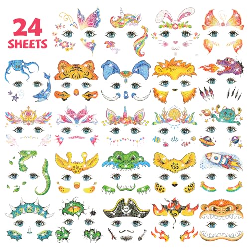 Glitter Face Tattoos for Kids - 24 Sheets, Waterproof