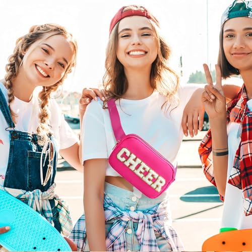 PainZieteg Pink Cheer Fanny Pack for Girls - Chenille Letter Nylon Belt Bag