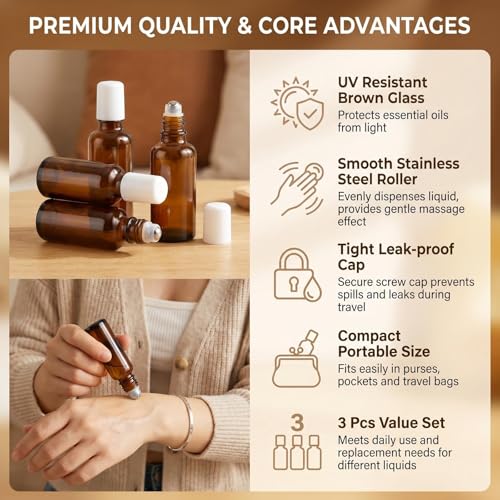 3PCS 15ml Amber Glass Roller Bottles with Stainless Steel Balls