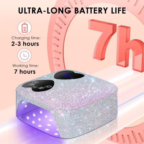 UV LED Nail Lamp Cordless, HUITINE 80W Rechargeable UV Light for Gel Nails, Professional Gel Light Dryer with 5 Timers & Mirror Base, Sparkling Rhinestones Diamond Curing Lamp for Salon & Home