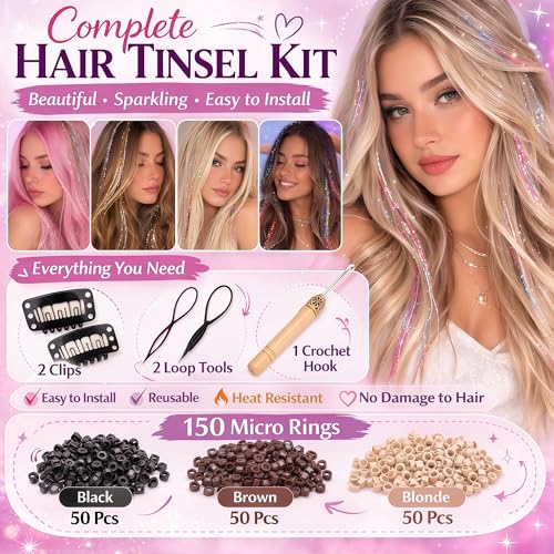 Hair Tinsel Kit 16 Colors 3500 Strands 48 Inch with Tools