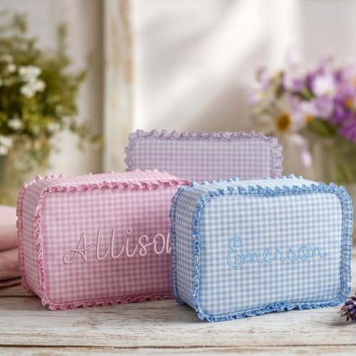 Personalized Light Blue Ruffle Gingham Cosmetic Bag 10.5x8x4.5