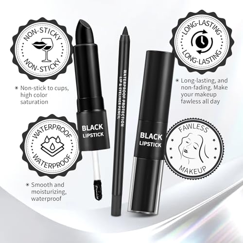 AWCCXMYM 2Pcs Black Lipstick Matte Lip Gloss Non-Sticky Lip Stain Black Liquid Lipstick Long Lasting Waterproof Lip Liner Set Christmas Festival Party Cosplay Halloween Makeup