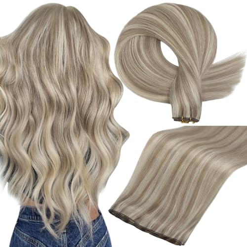 Full Shine 22" Human Hair Weft Extensions Remy Straight Ash Blonde 60G