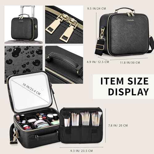 Travel Makeup Bag with LED Mirror, Portable Cosmetic Case Organizer with Lighted Mirror, Waterproof Makeup Case for Cosmetic Brush Holder Storage, Black Toiletry Bag for Women Gift