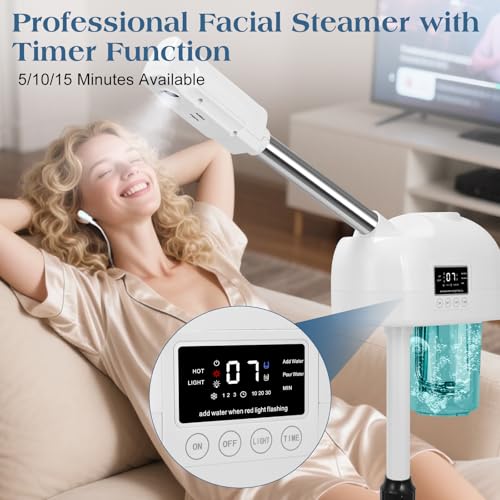 Professional Facial Steamer, Nano Ionic Hot Mist Spray, Stand Facial Steamer for Estheticians, Timer Function, Vaporizador Face Steamer on Wheel, for Home Salon SPA