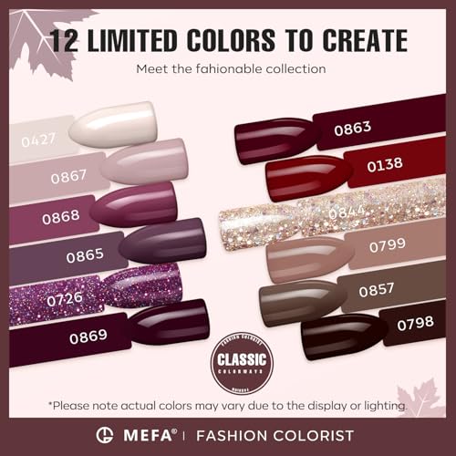 MEFA 12 Colors Gel Nail Polish Set - Soak Off Burgundy & Gold Glitter