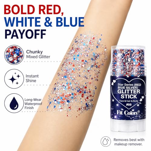 Patriotic Face Body Glitter Stick - Waterproof 4th of July Makeup