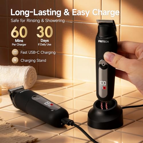 Body Hair Trimmer for Men, Dual-Hend Public Trimmer & Foil Shaver Waterproof Electric Rezor for Men Wet/Dry Groomer,USB-C Rechargeable Ball Shaver with Dock Charging & Travel Lock, Black