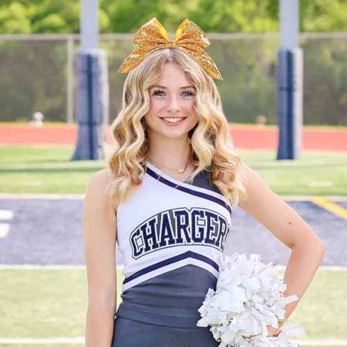 CN 7" Glitter Cheer Hair Bows for Cheerleader Gold Large Ponytail Holder Elastic Band Handmade for Cheerleading Teen Women Girls College Sports 1pcs