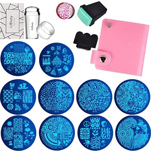 LiBiuty 15pcs Nail Stamp Plates set 15 plate 2Stamper 2Scraper 1storage bag Nails Art Stamping Plate Scraper Stamper Set Leaves Flowers Animal Nail plate Template Image Plate