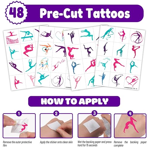 72PCS Gymnastics Party Favors - 48 Tattoos & 24 Slap Bracelets, Perfect for Gymnastics-Themed Birthdays, School Prizes, and Christmas Rewards for Kids
