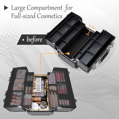 Stagiant 12.6 Inch Large Makeup Train Case, Professional 4 Trays Cosmetic Cases Makeup Storage Organizer Box Beauty Make Up Box with Lock&Adjustable Compartments for Nail, Accessories, Skincare, Black