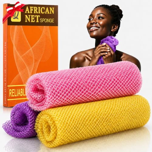 UJFQBH 3-Pack African Net Bath Sponge Set - Pink, Yellow, Purple Exfoliating Body Scrubber