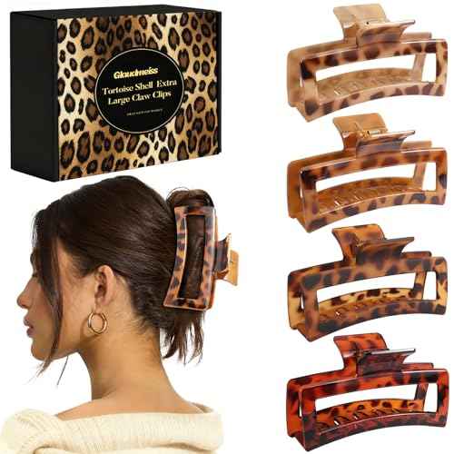 4 PCS 5 Inch Extra Large Claw Clips for Women, Tortoise Shell Jumbo Claw Clips for Thick Long Curly Hair, Rectangle Strong Hold Hair Clip, Non-slip Square Durable Hair Accessories, Christmas Gifts