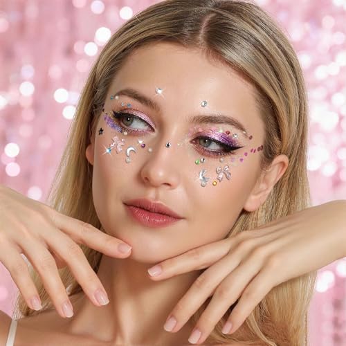 FANDAMEI Face Glitter Face Gems, 40 Colors Glitter Gel Palette with 6 Sheets Self Adhesive Hair Gems, Face Jewels for Women. Face Rhinestones Pearls for Women, Body Hair Glitter
