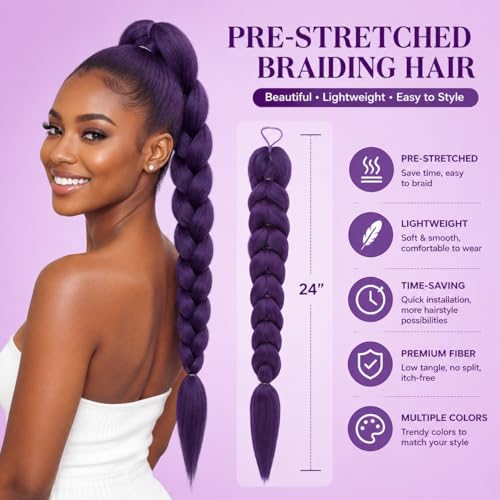 Purple Braids Ponytail Hair 24in Pre-Braided Synthetic