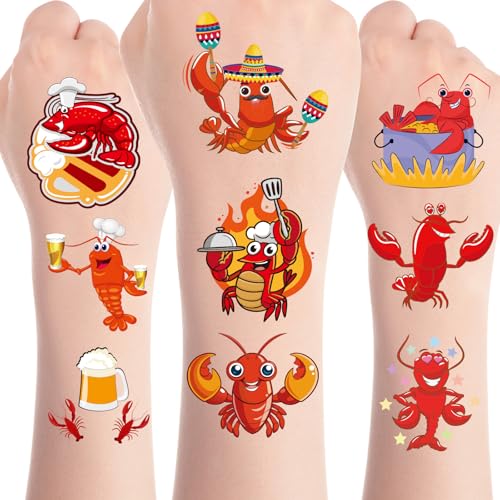 8 Sheets 200+ Crawfish Boil Temporary Tattoos Summer Seafood Lobster Crayfish Shrimp Tattoos Stickers Support Crayfish Boil Theme Birthday Party Favors Gifts Rewards Supplies