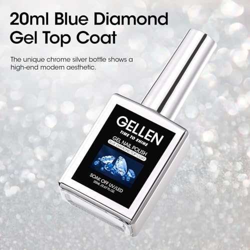 Gellen Blue Diamond Gel Top Coat 20ml - No-Wipe High Gloss UV Finish (Blue Diamond)