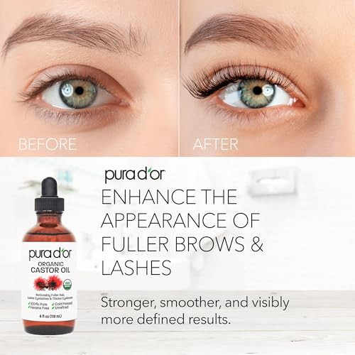 PURA D'OR 4 Oz Organic Castor Oil ? Pure Cold-Pressed, Hexane-Free, USDA Certified ? Lashes, Brows, Hair, Scalp, Skin ? Botanical Moisturizer Supporting Softness, Strength, Hydration, Shine & Radiance
