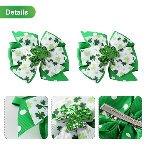 2 Pack St Patricks Day Hair Bows Green Glitter Clover Alligator Clips Girls Women Shamrock Irish Party Accessories 4 Inch