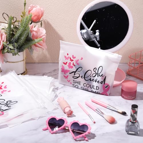 100 Pieces Breast Cancer Awareness Items Makeup Bags Bulk Pink Ribbon Zippered Cosmetic Pouch Breast Cancer Survivor Gifts for Women EVA Waterproof Toiletry Bag for Charity Recognition Public Event