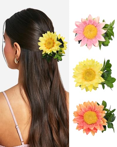 HAIMEIKANG 3PCS Sunflower Hair Claw Clips for Women - Large Artificial Flower Hair Clips for Thick Hair, Non-slip Hawaiian Cute Claw Clips for Girls Strong Hold Hair Claws (Pink+White+Rose Red)