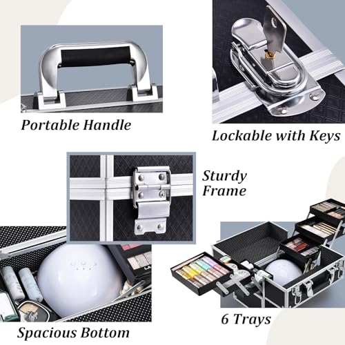 FRENESSA 11.8" Makeup Train Case with 6 Trays, Hard Cosmetic Organizer