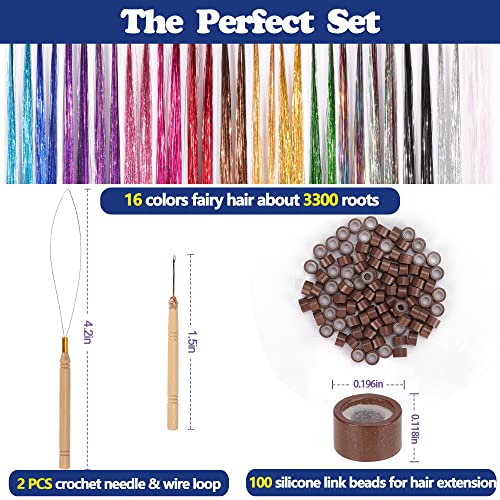 ELASO 16 Colors Hair Tinsel Kit - 3300 Strands 48 Inch Extensions