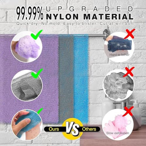 African Exfoliating Net Bath Sponge 3 Pcs - UJFQBH, Color Variants Purple Gray Blue, 30in x 80in