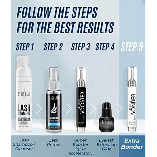 Extra Strong Evolution Eyelash Extension Glue 10ml & Extra Bonder 15ml & Primer/Cleanser 40ml - Stacy Lash/Black Adhesive 1-2Sec Drying Time/Sealer/Protein Oil Remover/Professional Supplies