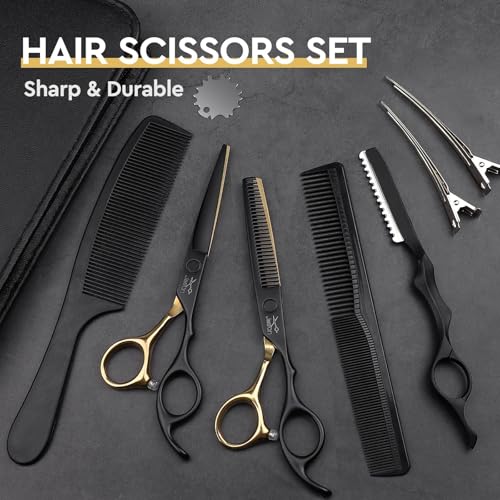 JASON 6-Inch Professional Hair Cutting Scissors Set Black & Gold – 10-Piece Barber Shears