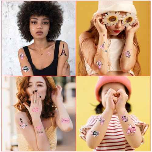 Pink Paris Temporary Tattoos - 200+ Paris Themed Party Decorations Favors Supplies for Girls Women French Theme Birthday Decor Eiffel Towers Bows Romantic Tattoo Stickers Gifts Rewards