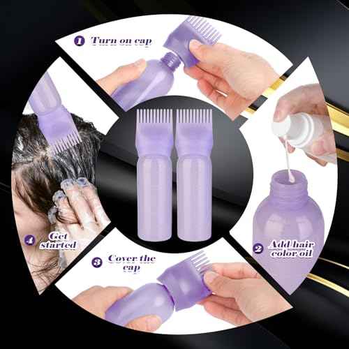 Hair Oil Applicator - 2 Pack 6 Ounce Root Comb Applicator Bottle, Squeeze Hair Oil Bottle with Comb for Scalp, Dye, Braids (Purple)