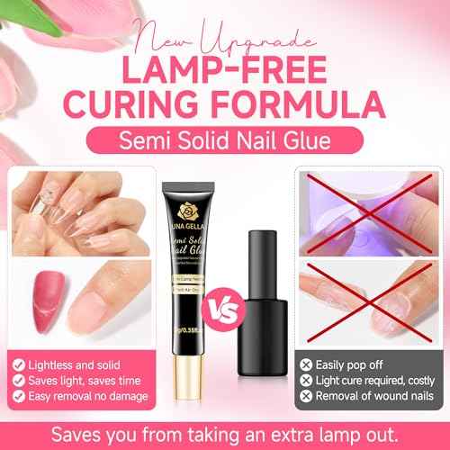 UNA GELLA No Lamp Need Solid Nail Glue for Press Ons: Nails Acrylic Nails Super Strong Semi Nail Glue Gel Fast Curing 10ml*2pcs Long Lasting Gel Glue Kit