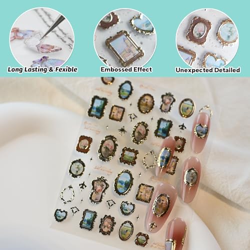 Golden Frame Nail Art Stickers, Self-Adhesive Vintage Nail Decals Women's Nail Accessories