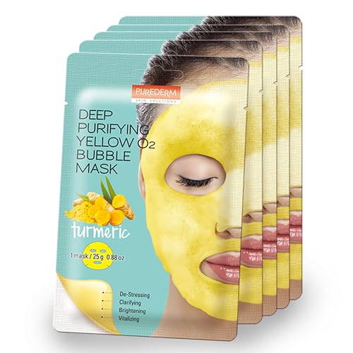 Purederm Deep Purifying Yellow O2 Bubble Mask Turmeric (5 Pack) ? Bubble Face Sheet Mask for Purifying & Vitalizing