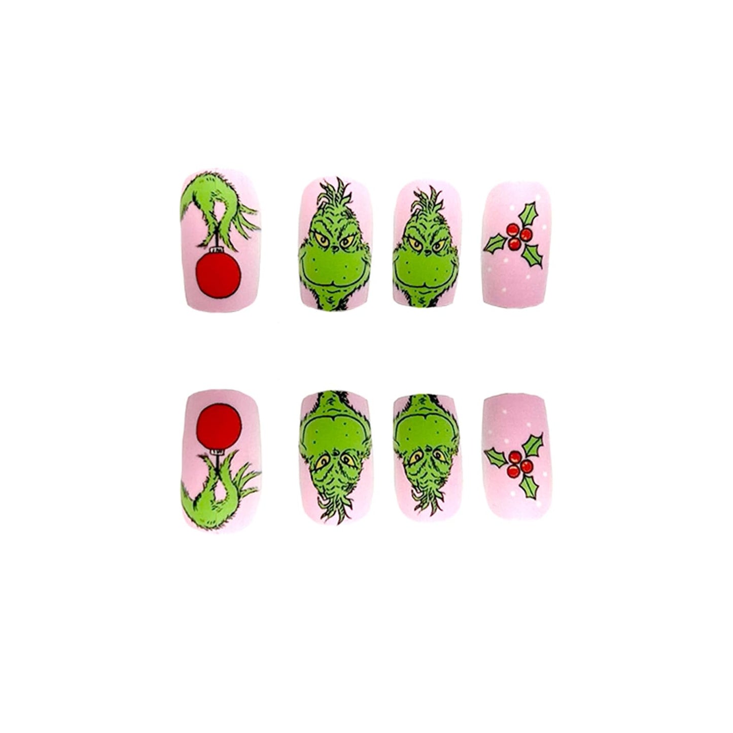 Christmas Press on Nails Short Square Fake Nails Pink Stick on Nails Winter False Nails with Fun Cartoon Green Haired Monster Designs Xmas Candy Cane Press on Nails for Women Girls Holiday Manicure