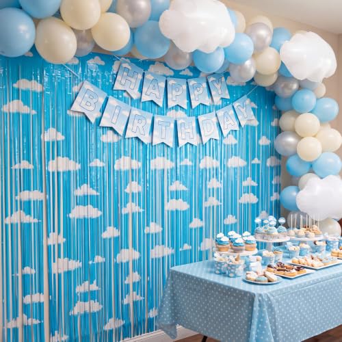 XunYee 3 Pack Cloud Fringe Backdrop Foil Curtains - Blue Sky & White Clouds Theme
