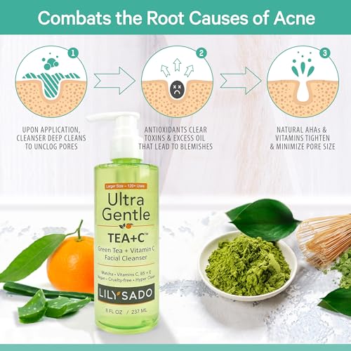 LILY SADO TEA+C¢â Green Tea & Vitamin C Face Cleanser ? Natural Vegan Antioxidant Daily Face Wash with Aloe, Rosehip, Meadowfoam - Gentle Deep Cleansing for Acne, Blackheads, Blemishes. 8 oz