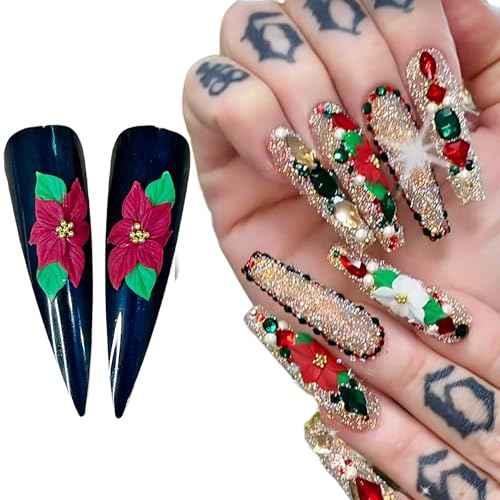 3D Acrylic Christmas Flower Nail Art Charms Handmade by Acrylic Powder - 24pcs Noel Flowers Nail Rhinestones Kit 3D Nails Design Xmas Nail Art for Women (Christmas Flowers 2-Medium & Long Size)