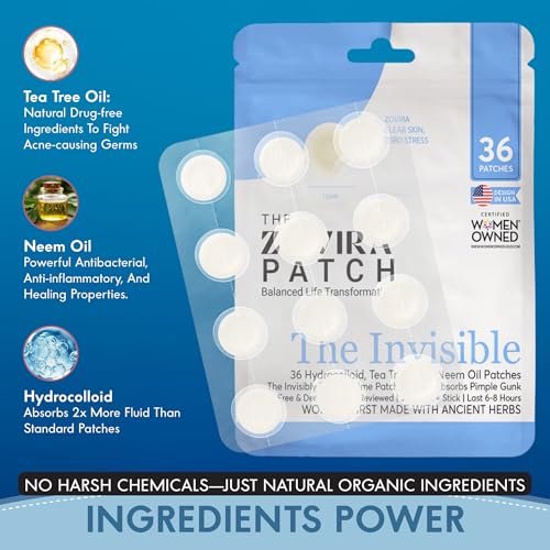 Zovira Invisible Daytime Acne Pimple Patch 36 Count, Niacinamide, Salicylic Acid, Tea Tree and Neem Oil, Suitable for Sensitive Skin, Tapered Edges Blend into All Skin Tones, Reduce Redness