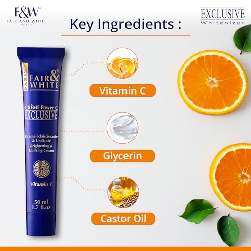 Fair and White Exclusive, Skin Brightening Cream with Vitamin C | 1.7 Fl oz / 50g | Reduce Appearance of Fine Lines & Wrinkles - with Glycerin and Castor Oil, For Face & Body