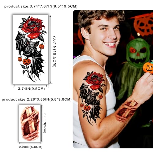 77 Sheets Halloween Temporary Tattoos Women Men, 17 PCS Half Sleeve Pumpkin Bat Crow Witch Skull Fake Tattoos for Adult, 60 PCS Spider Cat Ghost Scar Tiny Realistic Face Body Tattoos Stickers