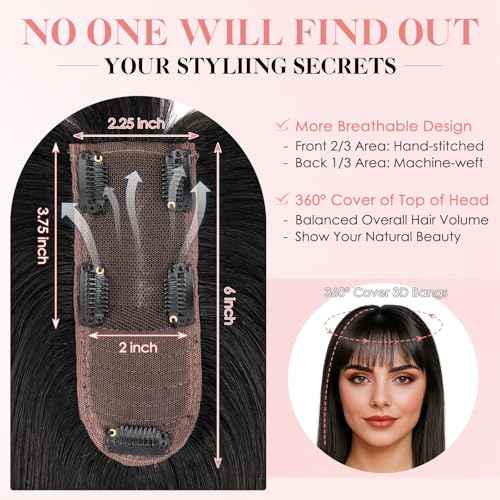 Hairro Human Hair Topper with Wispy Bangs, Clips on 360¡Æ 3D Cover Real Hairpieces Lightweight, 2.25"x6" Base for Women with High Hairline/Thinning Hair, 14 Inch Natural Black Bangs