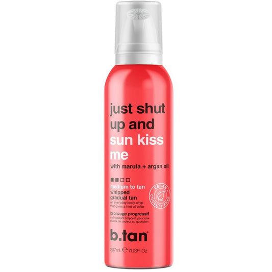 b.tan Medium Gradual Self Tanner Whip | Just Shut Up & Sun Kiss Me - Lightweight, Daily Aerosol Foam to a Build Luscious, Golden Glow, Enriched with Hydrating Marula & Argan Oils, 207ml