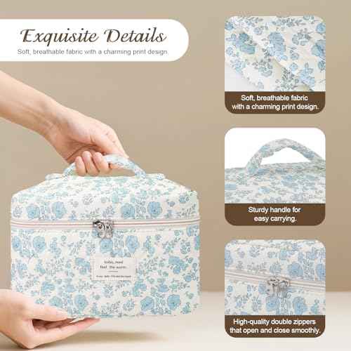 3Pcs Cotton Quilted Makeup Bag for Women Girls, Large Floral Cosmetic Bag Set Cute Makeup Brushes Aesthetic Accessories Storage Bag Travel Toiletry Bag Organizer, Little Flower Blue