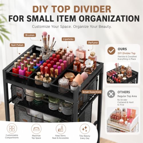 Rolling Makeup Cart Organizer 4-Tier 3 Drawers with Dividers, Black – JKsmart