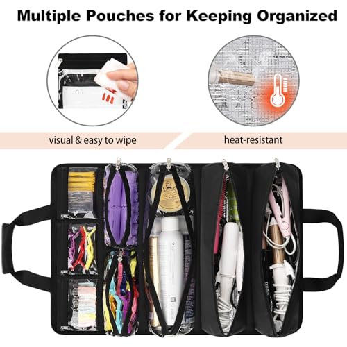 Hair Tools Travel Bag, Roll Up Tool Bag Organizer for Hair Stuff, Hairstylist Traveling Bag with 8 Detachable Zipper Pouch, Professional Cosmetology Bag for Hairdresser Barber, Heat Resistant Lining